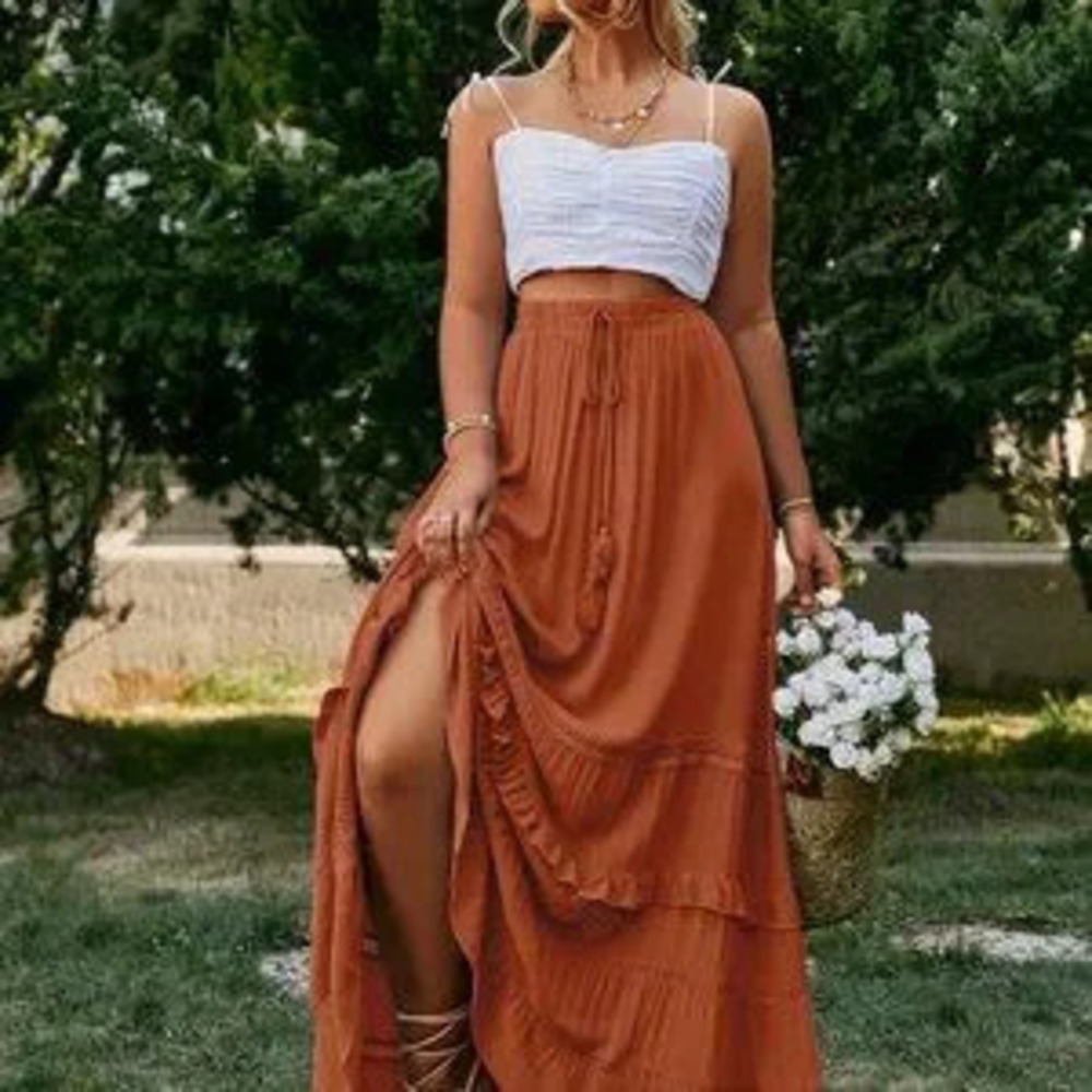 Red Boho Womens Tie Waist Ruffle Hem Skirt
